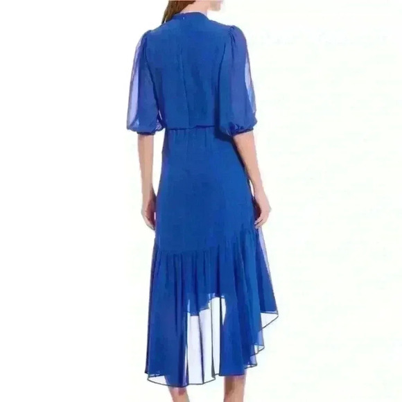 NWT Taylor Royal Blue Azure Chiffon V Neck High Low Women’s Midi Dress Size 2 - Picture 2 of 11